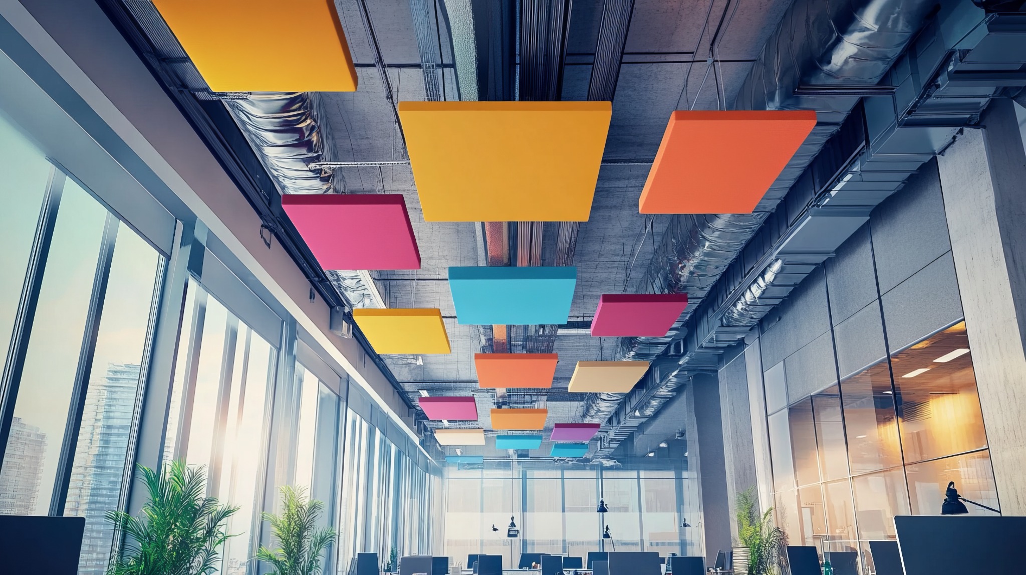 Panneaux acoustiques colorés suspendus dans un espace de bureaux