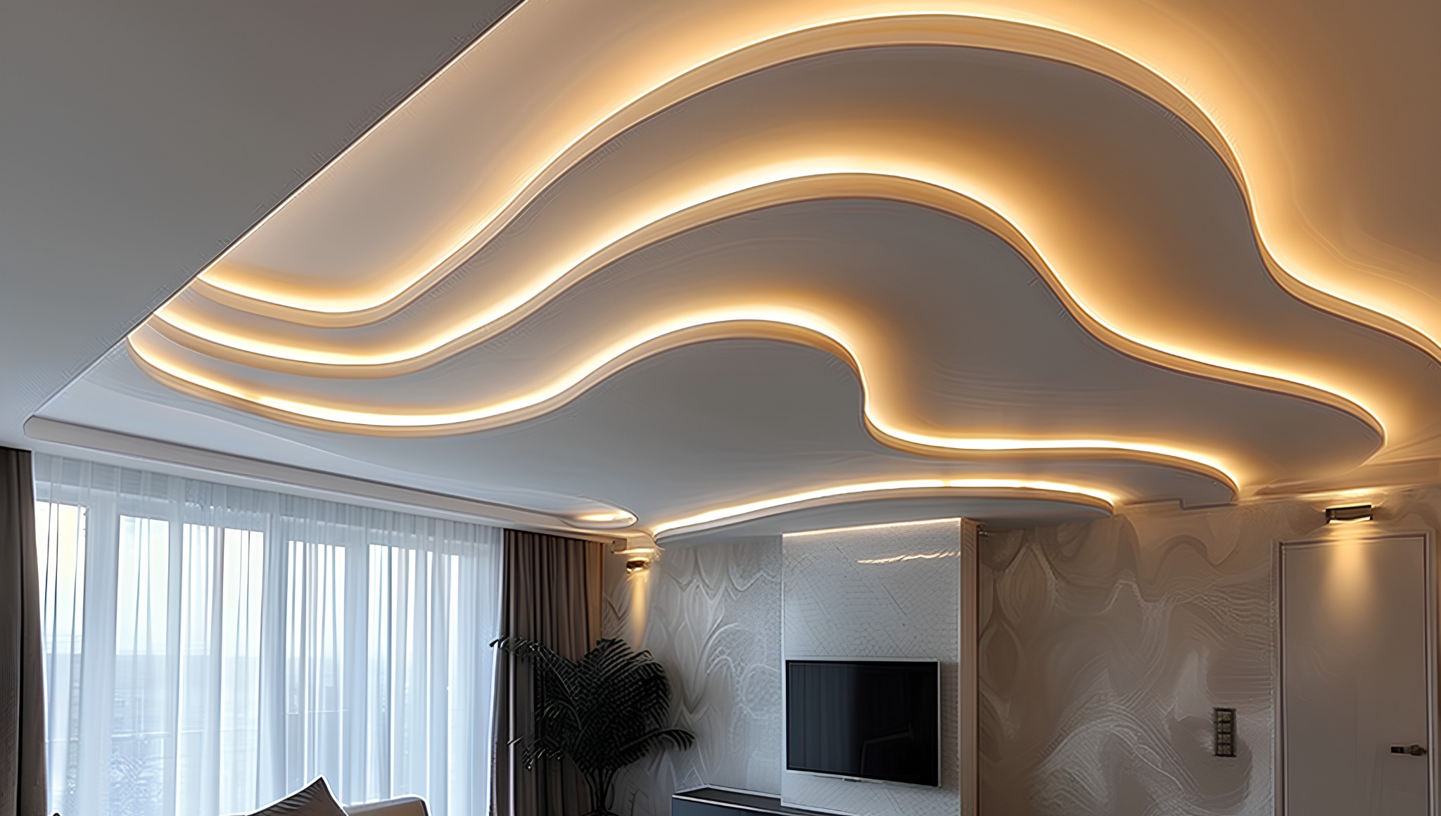 Faux plafond aux courbes éclairées dans un espace intérieur